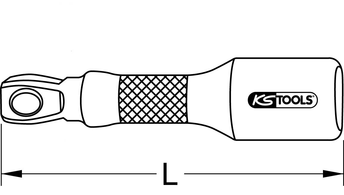 Adaptateur à cliquet avec poignée en grille et l'inscription 'KS Tools', représenté à côté d'une flèche de longueur 'L' en dessous.