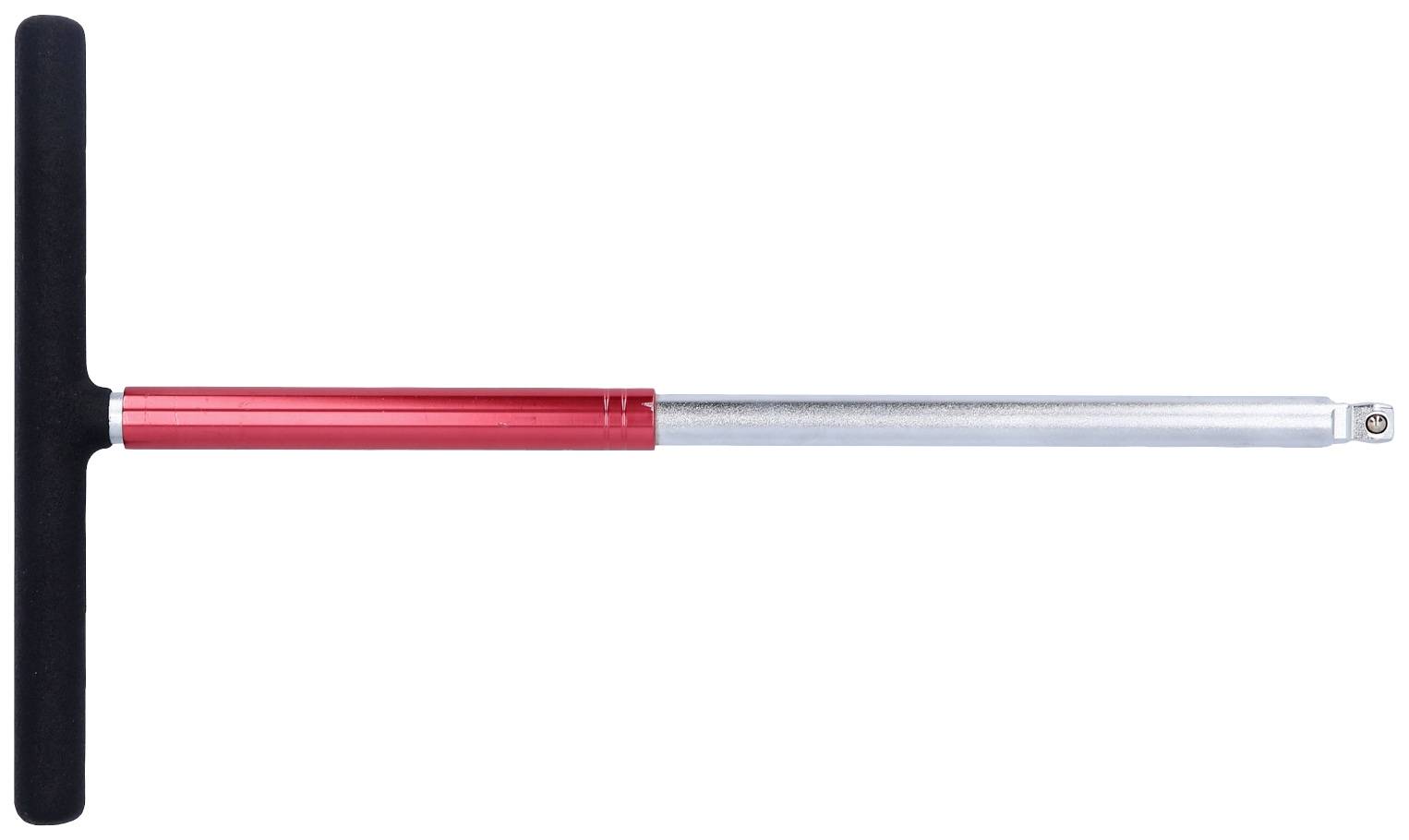 Une longue tige métallique avec une poignée rouge et un embout noir en T, probablement un outil ou un appareil, sur un fond blanc.