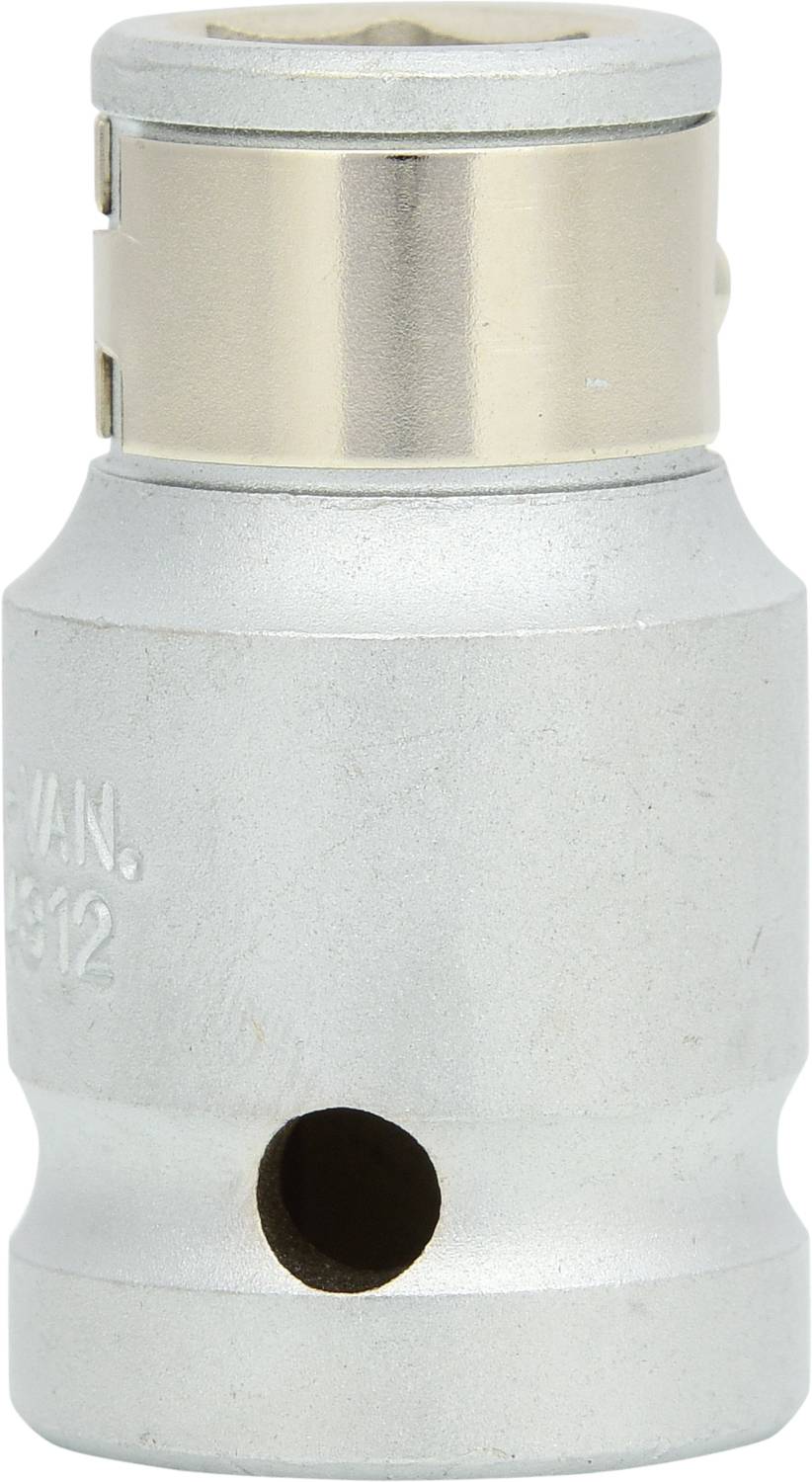 Adaptateur métallique à boîtier circulaire avec une ouverture sur le côté ; utilisé pour des connexions mécaniques ou des outils.
