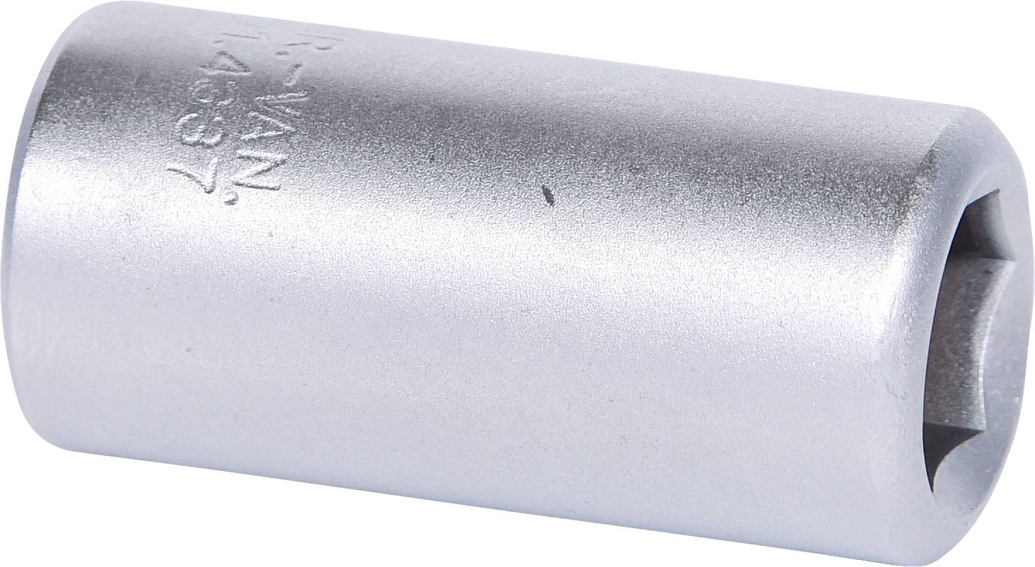 Douille métallique cylindrique, avec inscription gravée. Principalement adaptée à une utilisation avec une clé à douille.