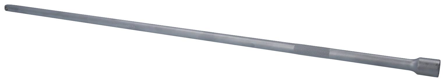 Une longue tige cylindrique grise sur un fond blanc.