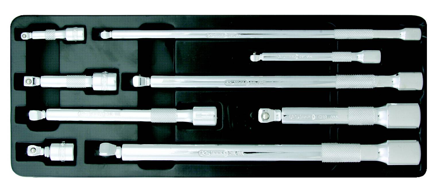 Un ensemble de huit tiges de rallonge chromées dans une boîte à outils noire, disposées dans des compartiments de différentes tailles.