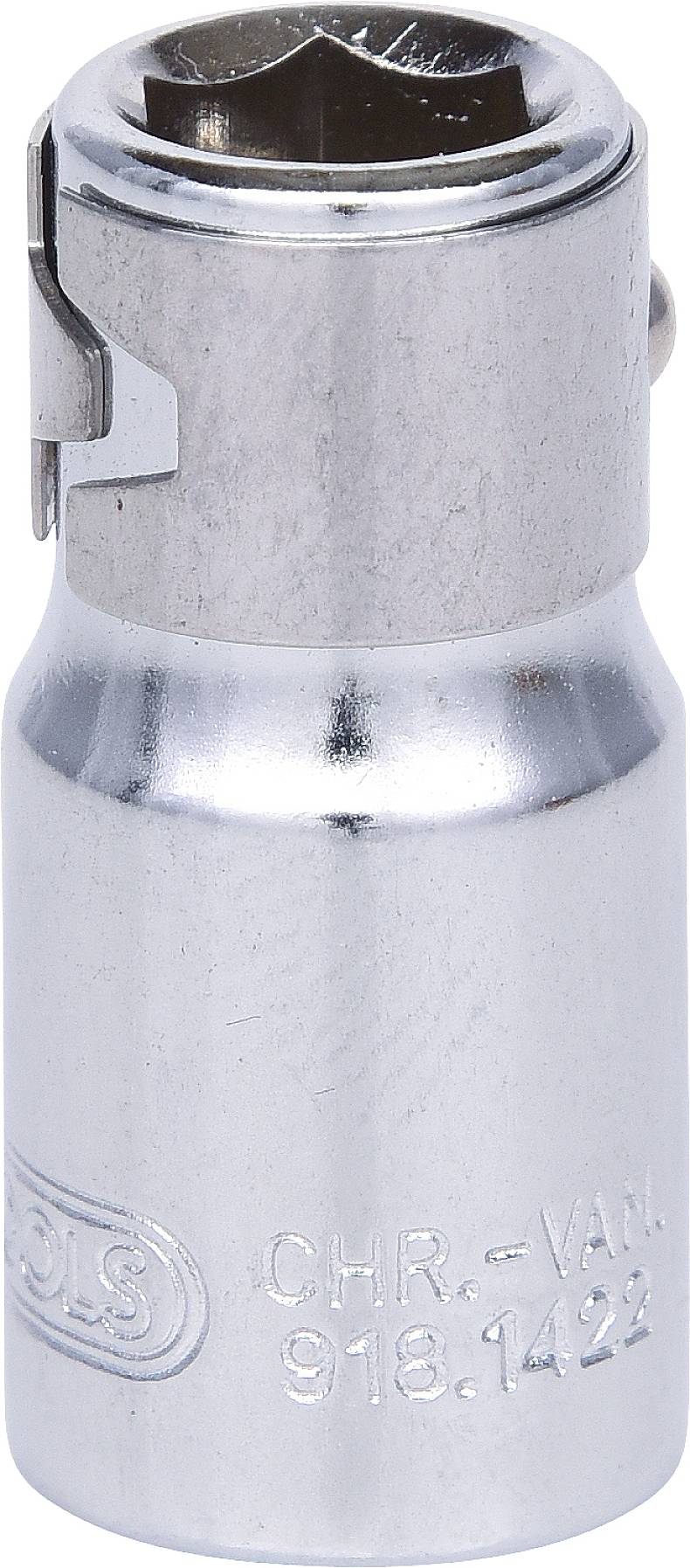 Un embout de clé à cliquet en argent avec un profil intérieur hexagonal et un dispositif de maintien sur le côté.