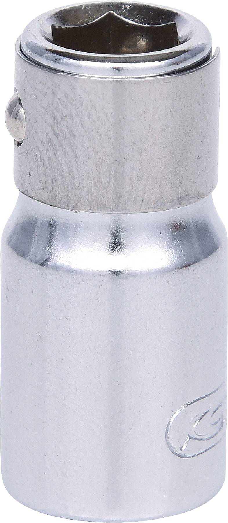 Une noix de serrage en argent, probablement partie d'un ensemble d'outils, avec une ouverture hexagonale et une surface métallique brillante.