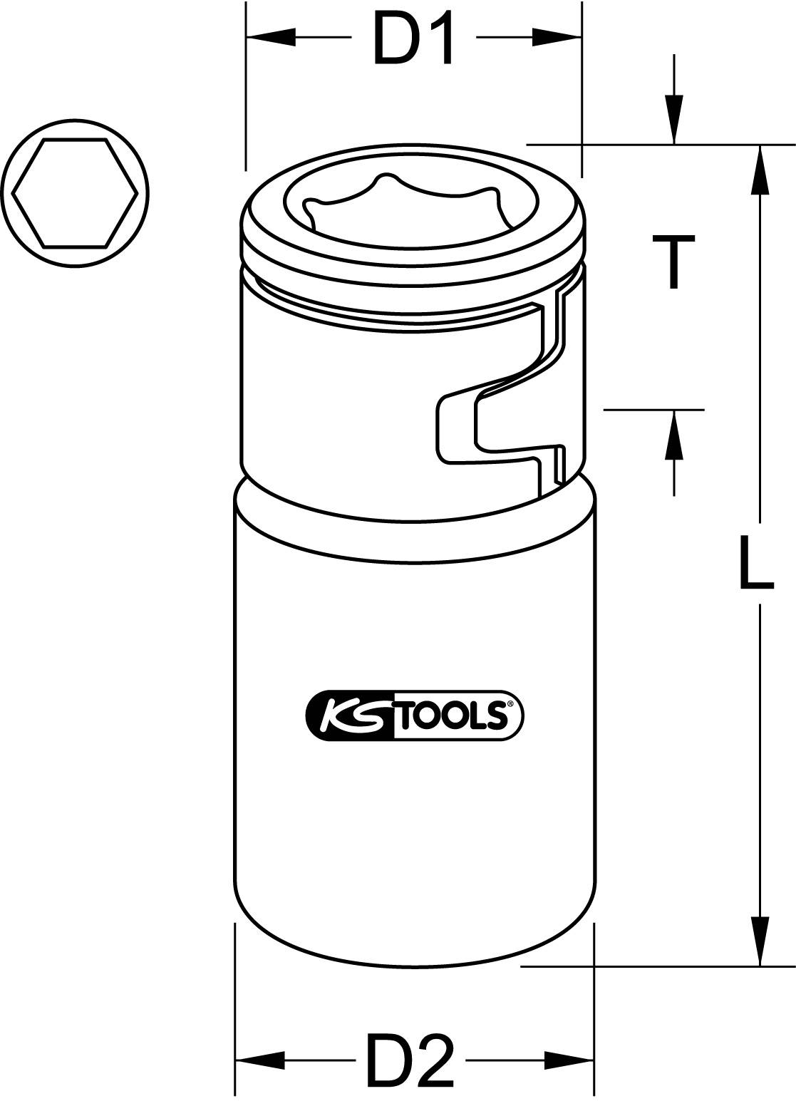Illustration de l'écrou à empreinte 'KS Tools'. Profil hexagonal en haut à gauche. Annoté avec D1, D2, T, L. Montre les proportions dimensionnelles de la conception de l'écrou.