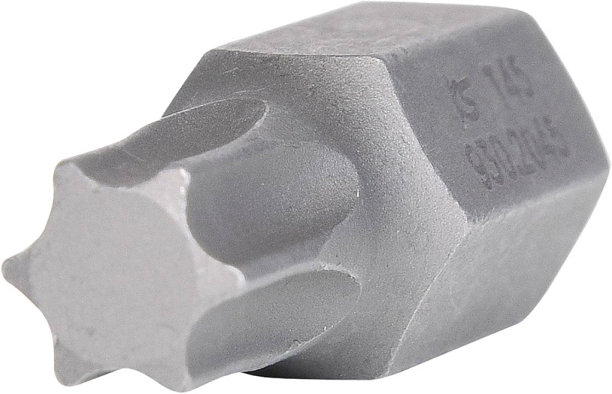 Une clé hexagonale grise et métallique avec une tête en forme d'étoile, imprimée latéralement avec des numéros, sur un fond blanc.