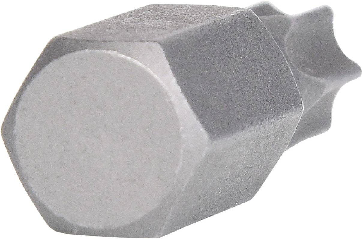 Une pièce métallique argentée en forme d'hexagone, qui ressemble à un embout de vis.