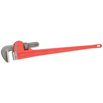 Pince à pipe avec manche long rouge et tête de préhension réglable et dentelée, adaptée aux travaux de plomberie.