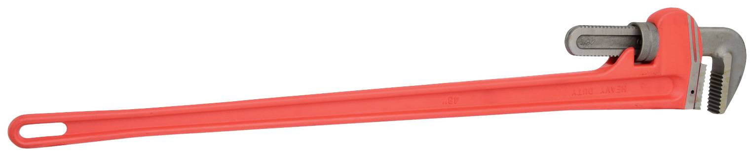 Une grande clé à molette rouge avec une tête ajustable pour serrer ou desserrer des tuyaux et des raccords de tuyauterie.