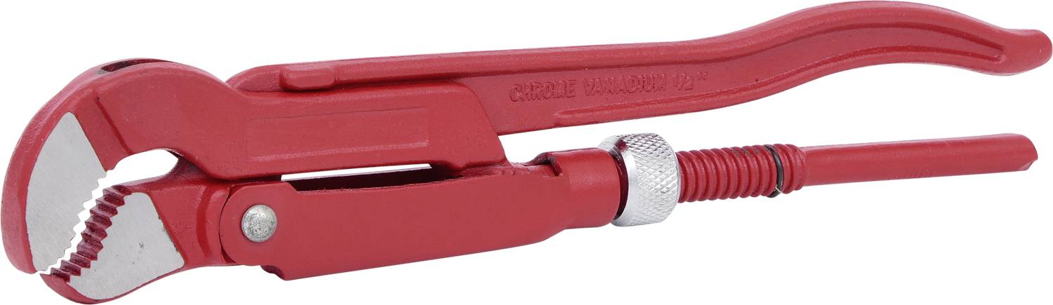 Pince à pipe rouge à mâchoires réglables, principalement utilisée pour les travaux de plomberie, vue à plat de côté.