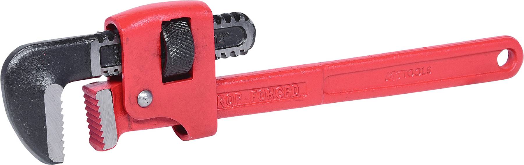 Pince à tube en métal avec poignée rouge et tête de pince ajustable en noir. Généralement utilisée pour les travaux de plomberie.
