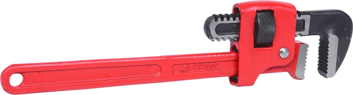 Pince à tube rouge à mâchoires réglables, adaptée aux travaux de plomberie.