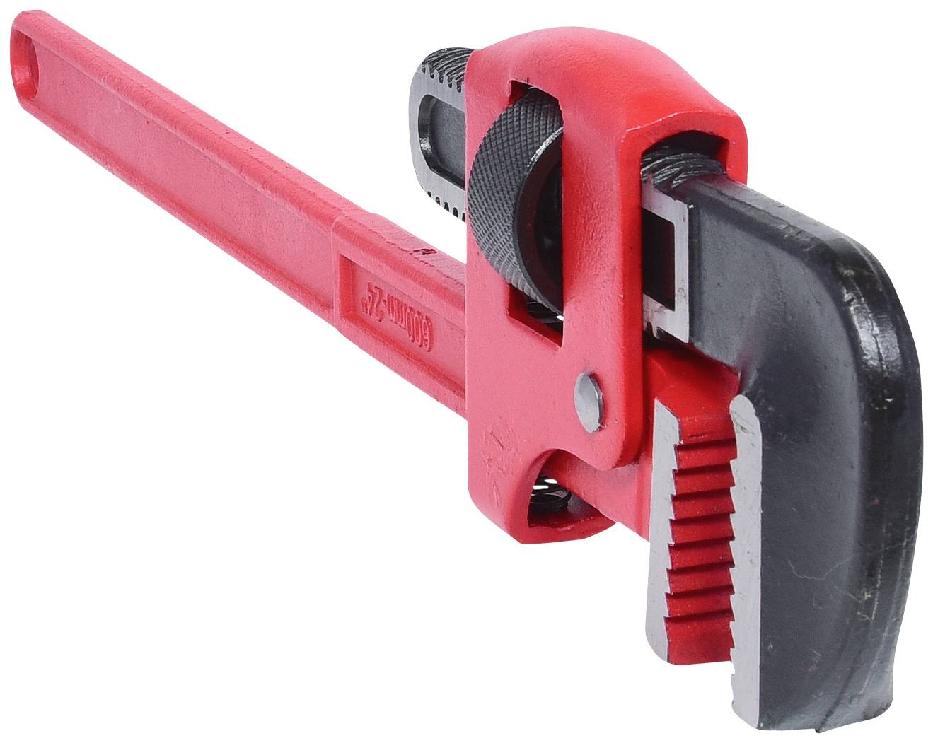 Pince à tube rouge à tête réglable et mâchoires crantées, utilisée pour saisir et tourner des tuyaux.