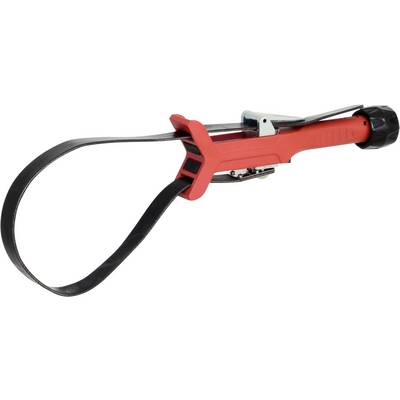 Un outil clé de filtre à huile rouge avec une sangle noire, utilisé pour retirer les filtres à huile. Idéal pour l'entretien automobile.