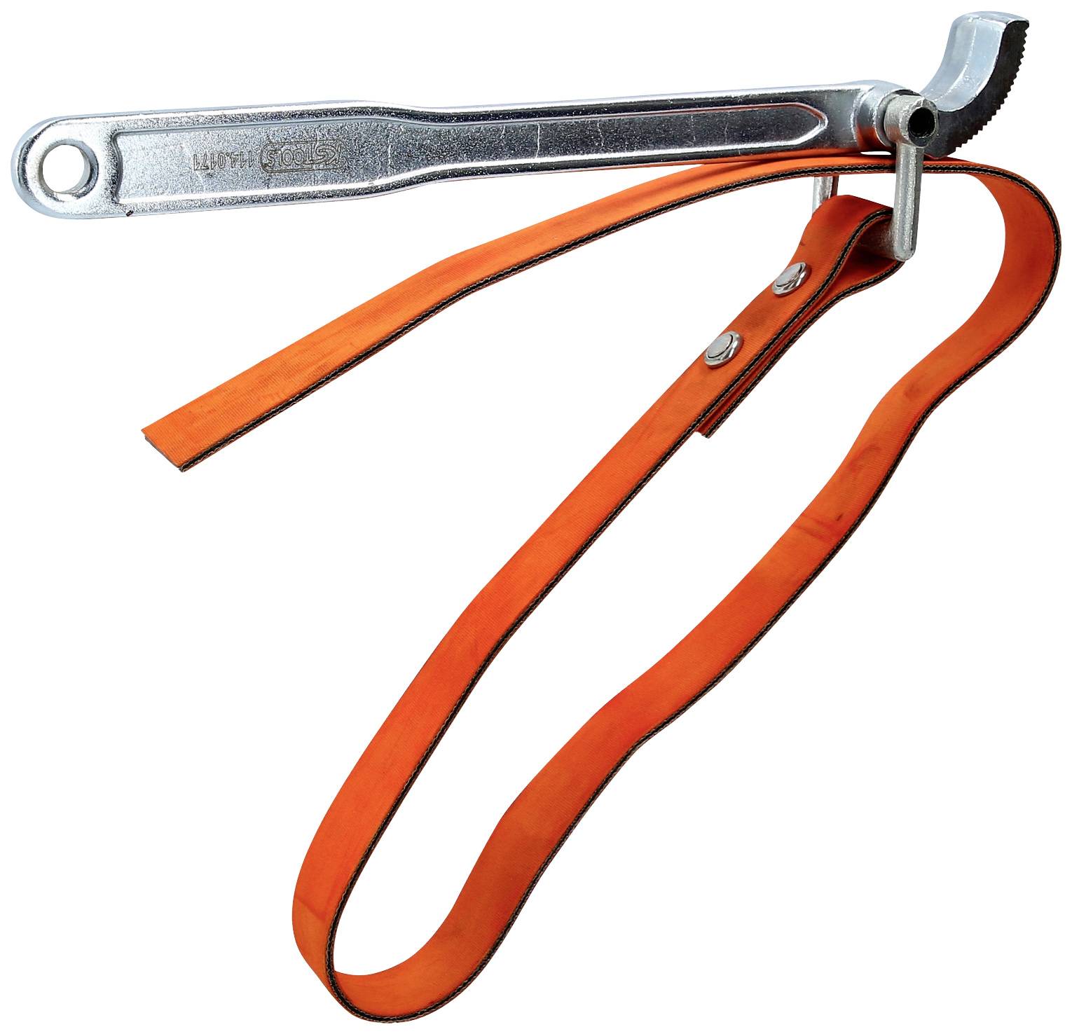 Une clé à sangle orange avec une longue poignée métallique. Adaptée pour saisir et desserrer des tuyaux et des objets cylindriques.