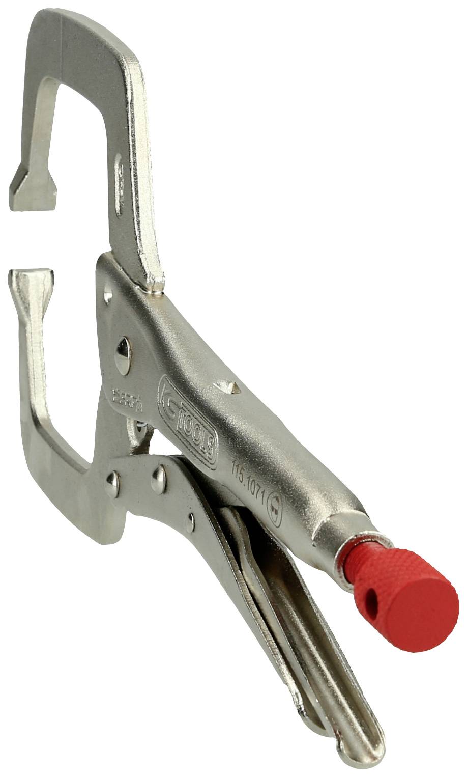 Pince-étau en métal avec poignée rouge, ouverte. Utilisée pour maintenir des matériaux lors de travaux de construction ou de réparation.