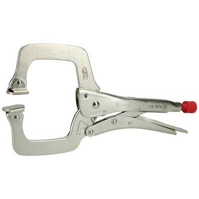 Pince de serrage métallique à poignée rouge, adaptée pour pincer ou maintenir des pièces lors de travaux de montage.