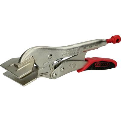 Pince-étau en métal argenté avec poignée rouge et vis de réglage, adaptée pour fixer et travailler des pièces en tôle.