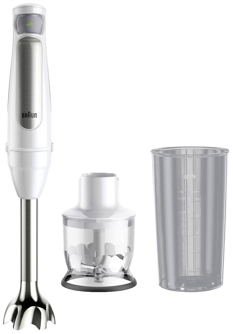 Un set de mixeur plongeant comprenant un mixeur, un hachoir et un récipient doseur. Le mixeur est blanc avec un accent en acier inoxydable.