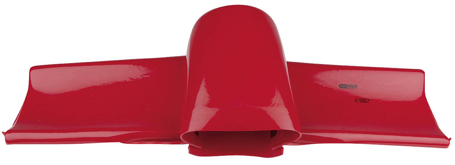 Pièce en plastique rouge, de forme ailée, probablement un composant ou un accessoire, sur un fond blanc.