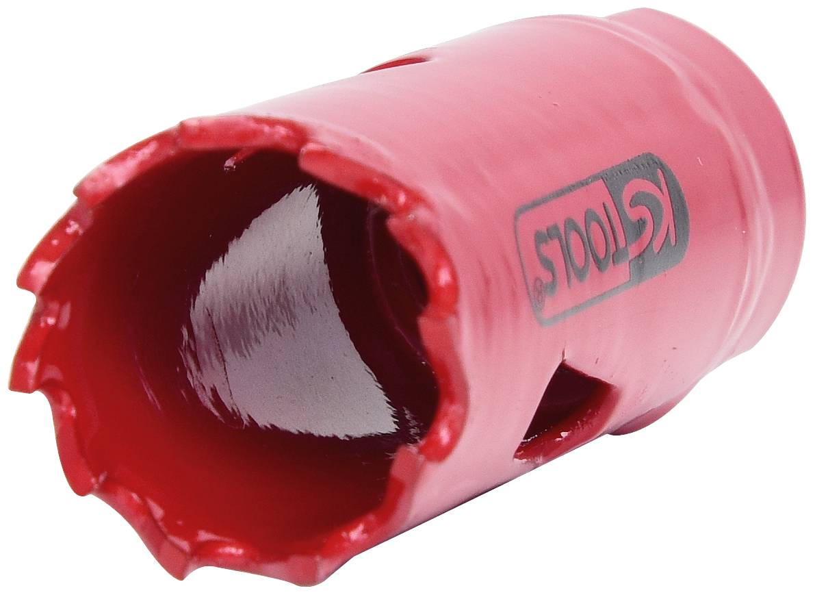 Scie-cloche rouge avec bord dentelé, adaptée pour percer de grands trous dans des matériaux tels que le bois ou le métal.