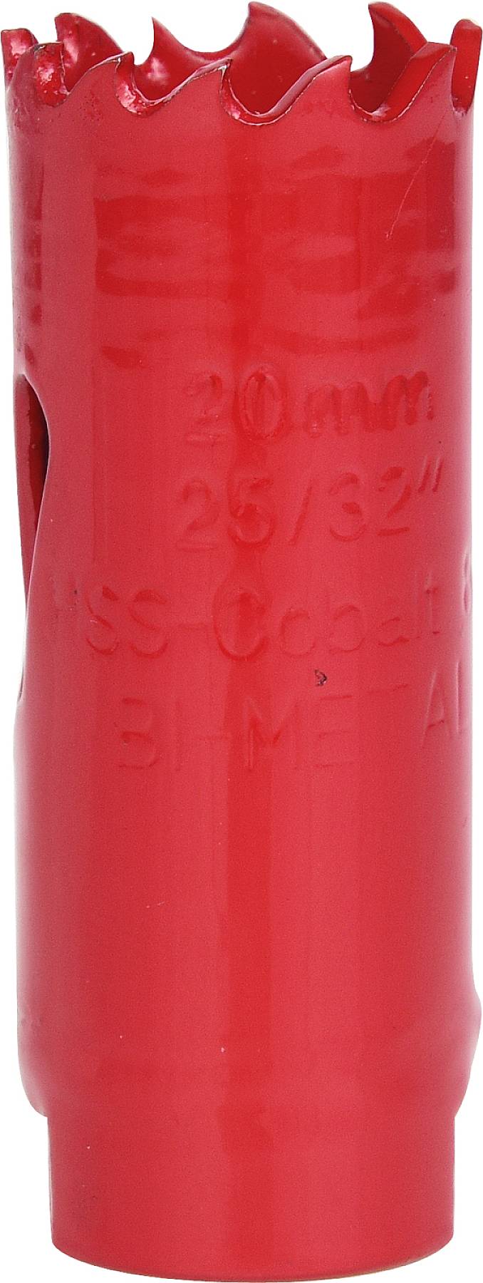 Un foret-scie cylindrique rouge de 20 mm de diamètre, adapté pour le métal, portant l'inscription « 20 mm, 25/32" ».