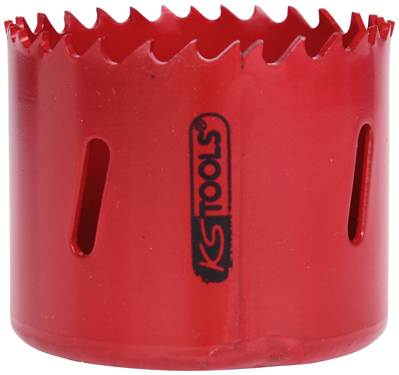 Embout de scie cloche en métal rouge avec bord dentelé, fentes sur le côté et logo de la marque 'KS TOOLS' au centre.