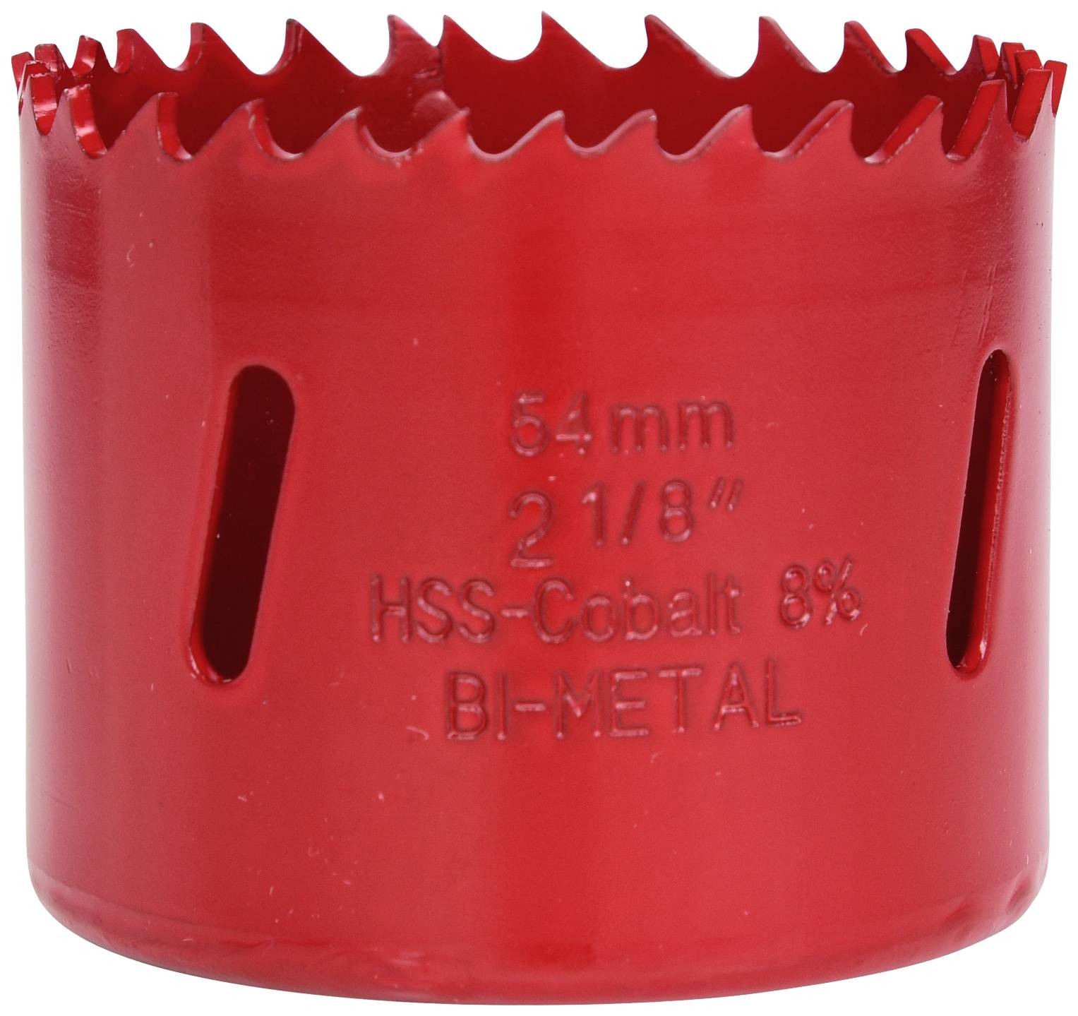 Embout de scie-cloche en bi-métal rouge avec l'inscription '54 mm, 2 1/8", HSS-Cobalt 8%'.
