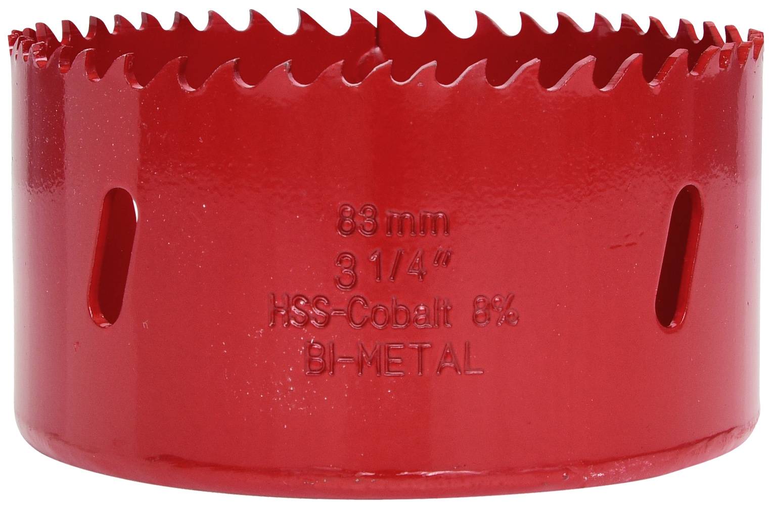 Lame de scie cloche rouge avec inscription : '88 mm, 3 1/4", HSS-Cobalt 8%, BI-MÉTAL'. Adapté pour percer de grands trous dans le métal.