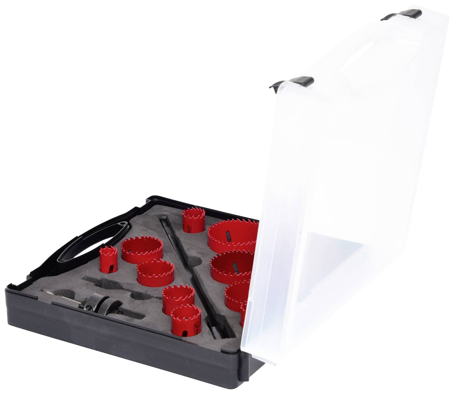 Coffret de scies-cloches rouges dans un étui de transport noir en plastique dur, couvercle ouvert, différentes tailles de scies-cloches visibles.