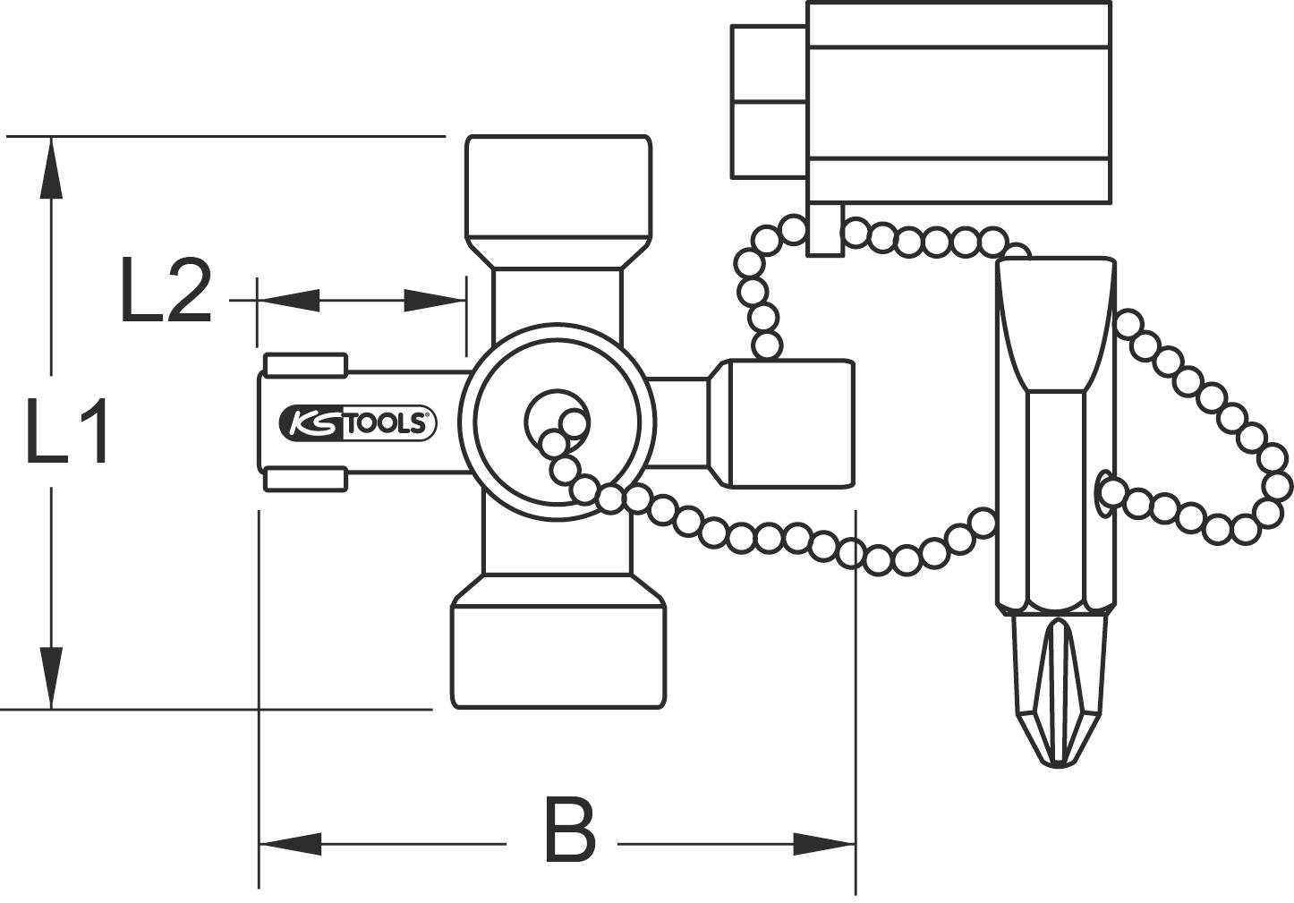 Dessin technique d'une vanne KS TOOLS : montre les dimensions L1, L2 et B. À gauche L1, à droite L2. Tournevis à l'extrémité droite.