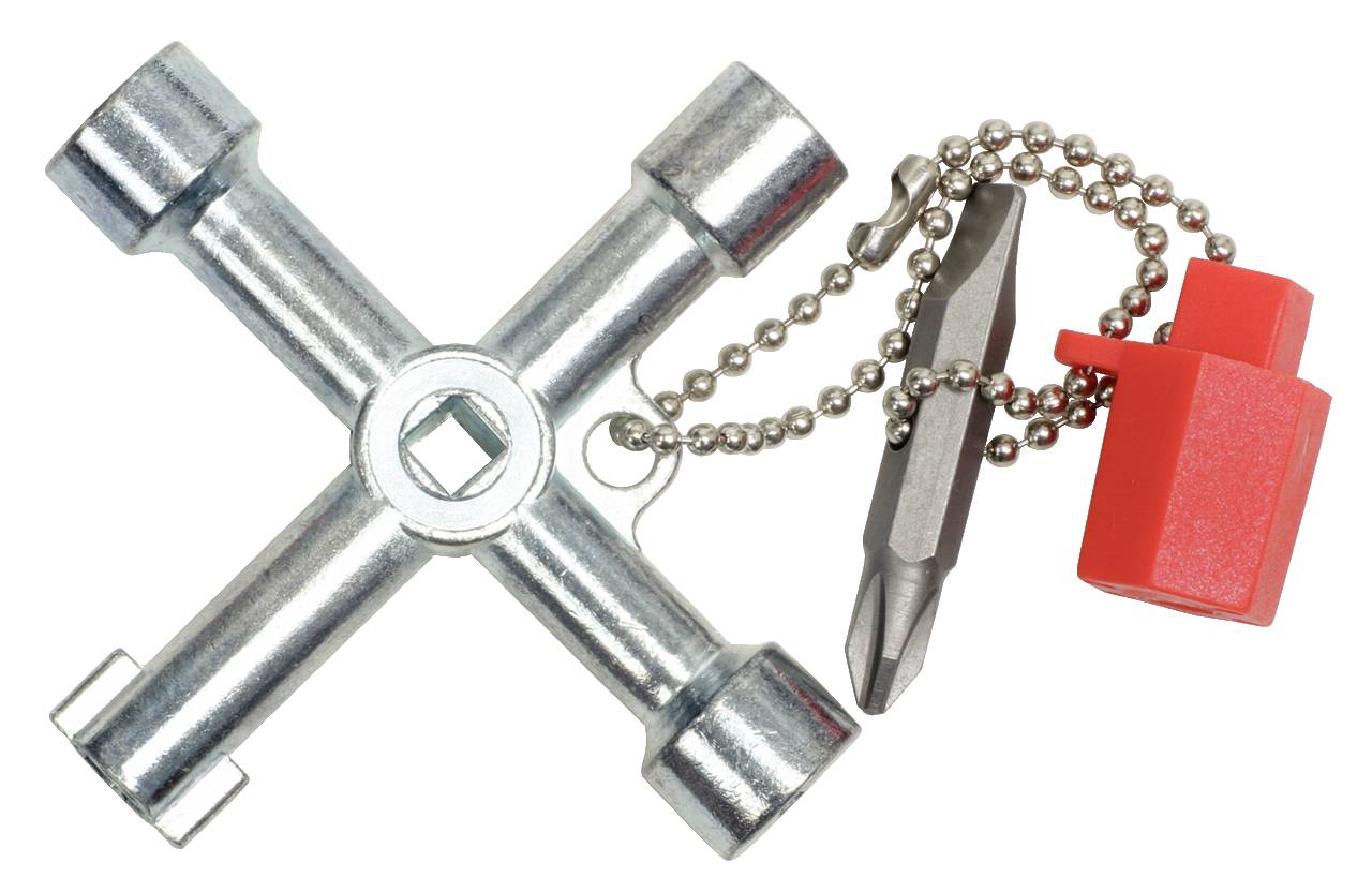 Clé cruciforme en métal avec quatre douilles et un embout de tournevis interchangeable, ainsi qu'une partie en plastique rouge attachée à une chaîne.
