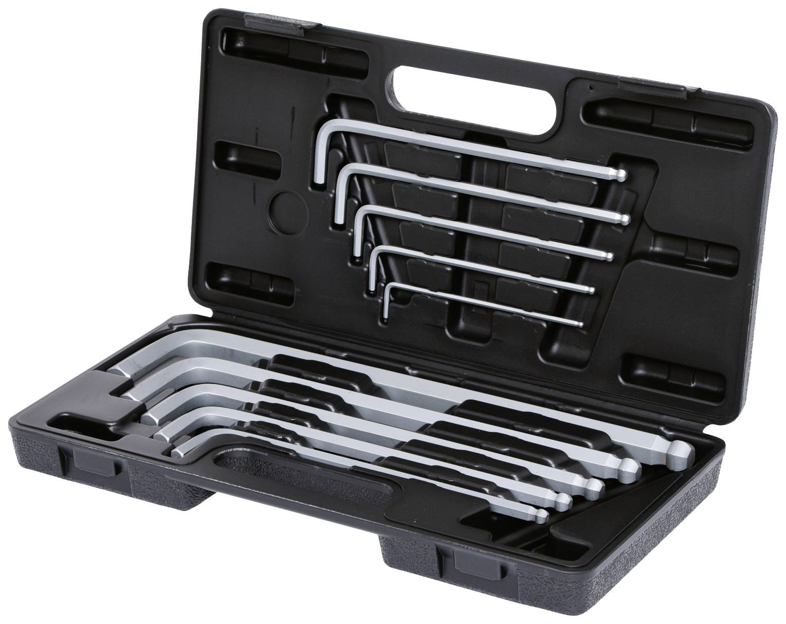 Une boîte à outils ouverte contenant différentes clés hexagonales de plusieurs tailles, soigneusement rangées dans leurs supports respectifs.