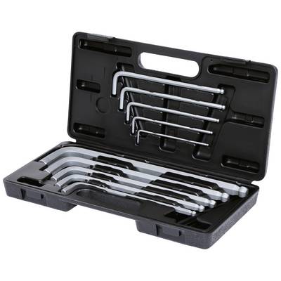 Une boîte à outils ouverte contenant différentes clés hexagonales de plusieurs tailles, soigneusement rangées dans leurs supports respectifs.