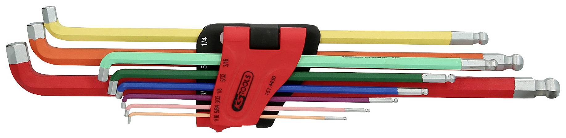 Un ensemble de neuf clés à angle différent de couleurs variées, disposées dans un support rouge et classées par taille.