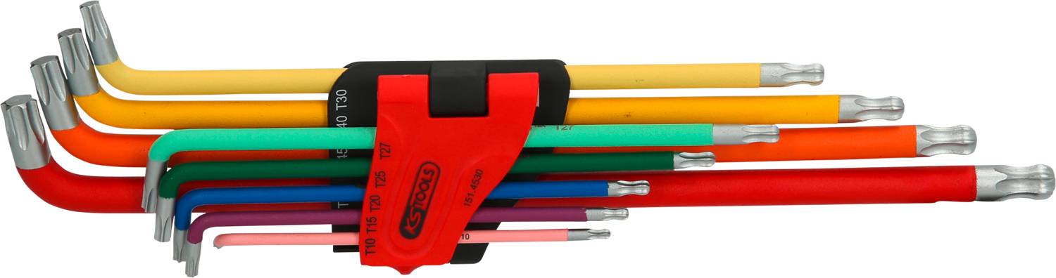 Un ensemble de neuf clés Allen de différentes couleurs, rangées de la plus petite à la plus grande, dans un support rouge.