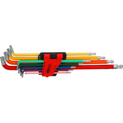 Un ensemble de neuf clés Allen de différentes couleurs, rangées de la plus petite à la plus grande, dans un support rouge.