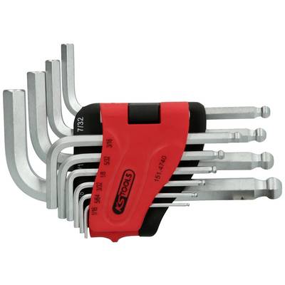 Un ensemble de clés Allen en forme de L de différentes tailles, fixées dans un support rouge et noir.