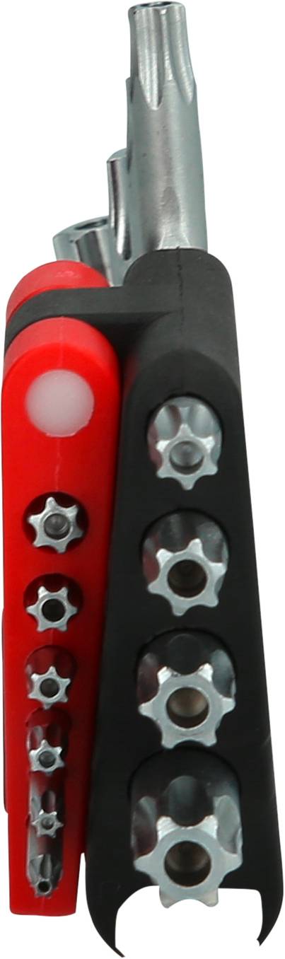Un ensemble de embouts de tournevis de différentes tailles et formes, disposés dans un support rouge et noir.