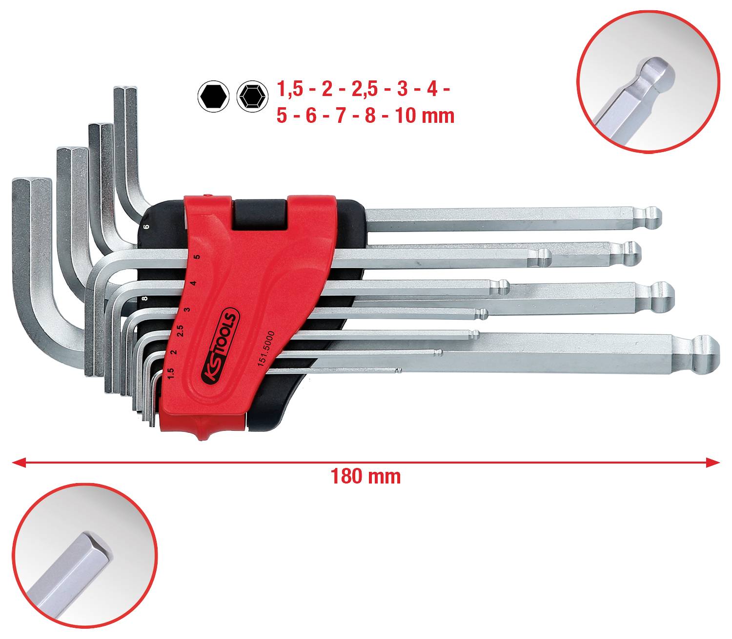 Ensemble de neuf clés Allen de différentes tailles allant de 1,5 mm à 10 mm, disposées sur un support de 180 mm de large, illustration des détails de la tête.