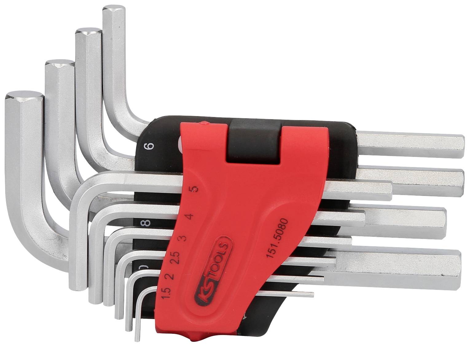 Un ensemble de six clés Allen en argent de forme L de différentes tailles, maintenues ensemble par un support rouge.