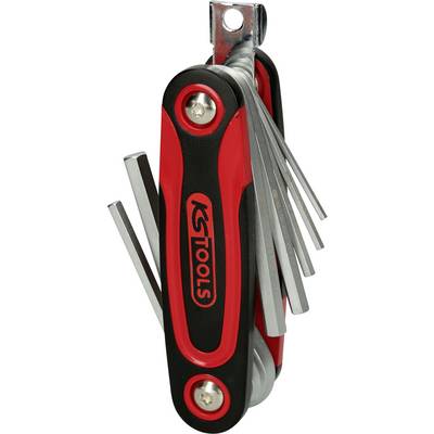 Un outil multifonction rouge, pliable, avec plusieurs clés Allen argentées de différentes tailles.
