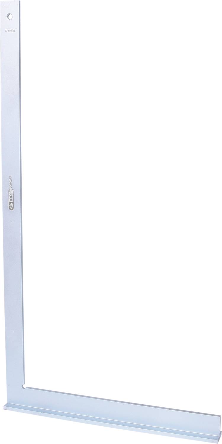Équerre en aluminium en métal de couleur argent, en forme de 'L' inversé. Échelle métrique et logo visibles. Outils pour des mesures de précision.