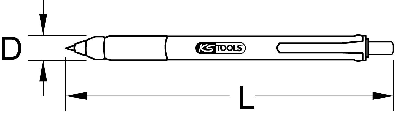 Dessin technique d'un stylo avec les marquages 'D' pour diamètre et 'L' pour longueur. Vue latérale avec clip.