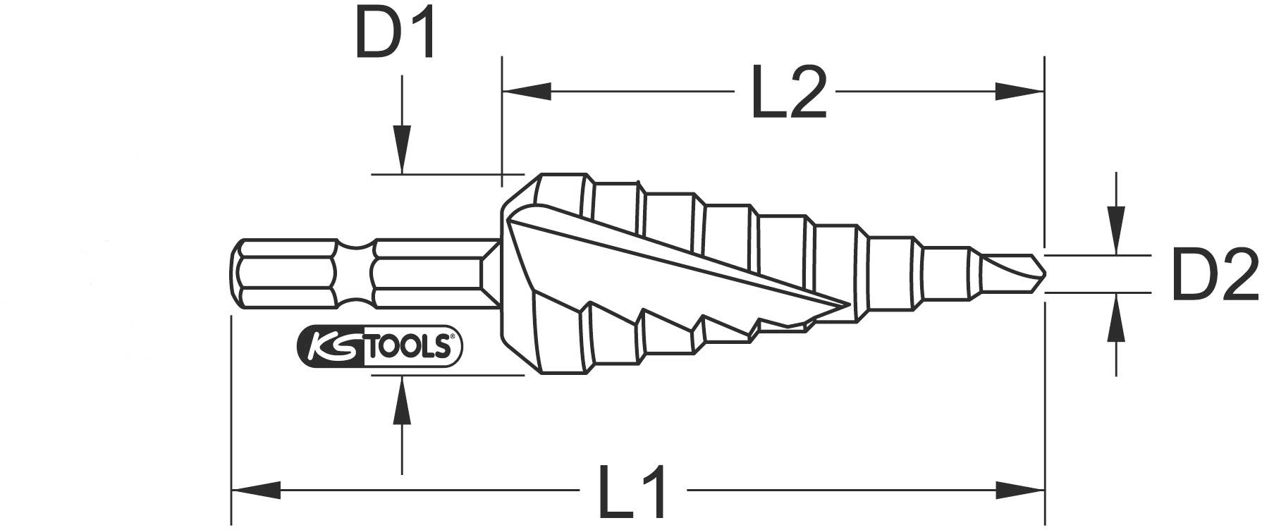 Diagramme d'outil de coupe avec foret à étages, indiquant les dimensions : D1, D2, L1, L2. Marquage 'KS Tools' présent.