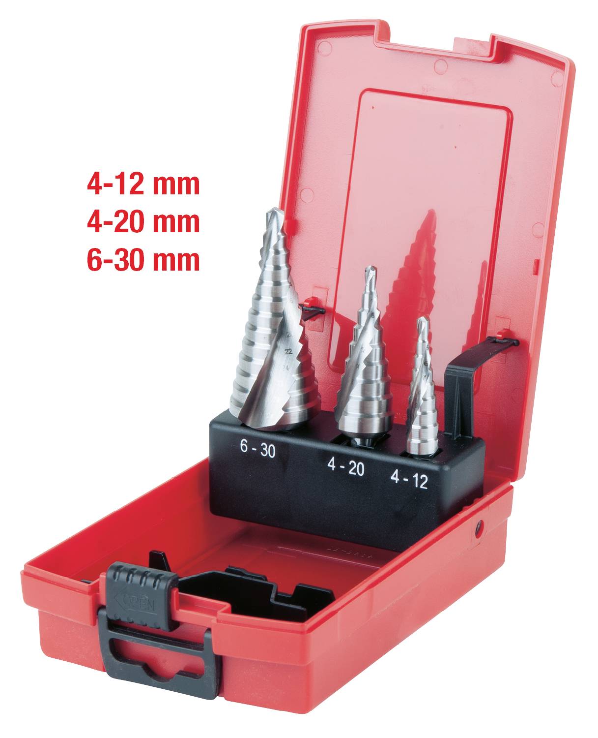 Étui en plastique rouge contenant trois mèches étagées en argent de différentes tailles. Dimensions : 4-12 mm, 4-20 mm, 6-30 mm.