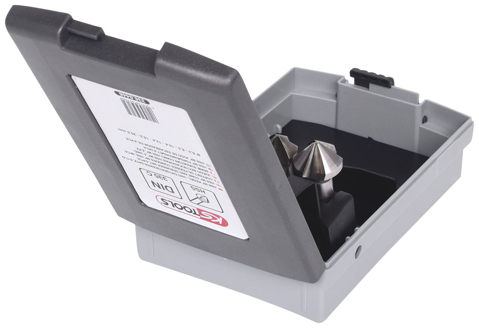 Boîte en plastique grise avec couvercle ouvert, à l'intérieur se trouve un outil de fraisage.