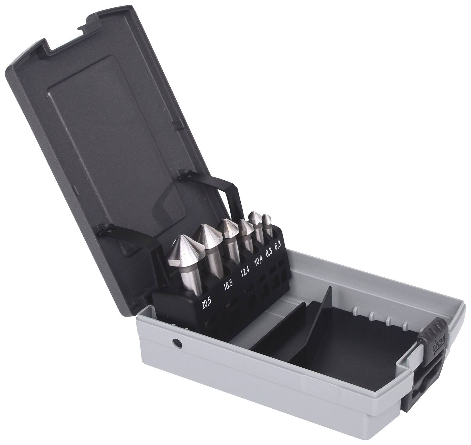 Ensemble de forages dans un coffret en plastique gris ouvert. Contient cinq forets coniques de différentes tailles, soigneusement rangés dans des supports.