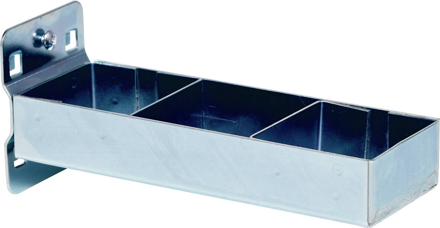 Un élément rectangulaire en métal à trois compartiments, montable au mur ; utilisé pour le rangement ou l'organisation.