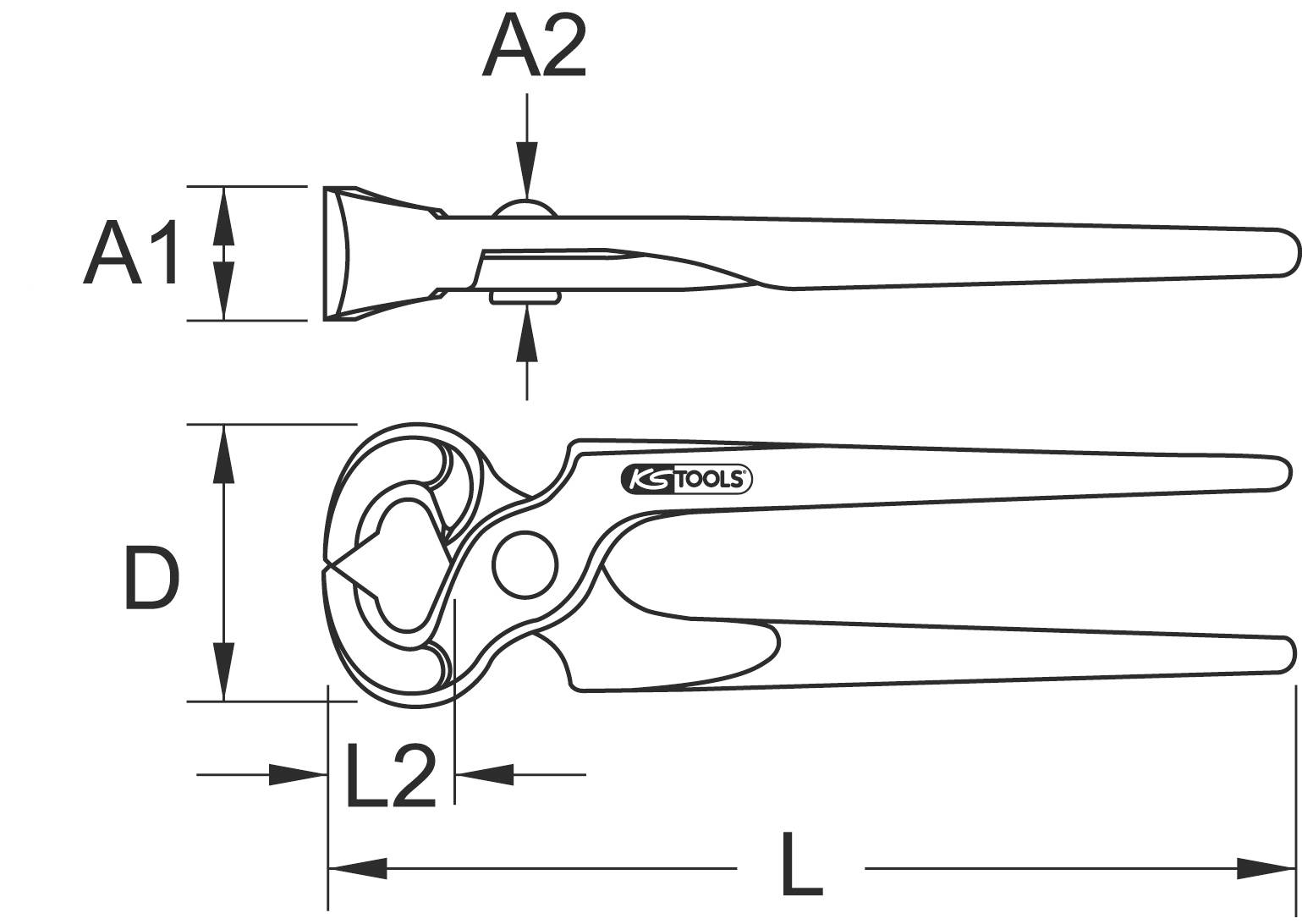 Dessin technique d'une pince avec indications : A1, A2, D, L2, L. Présente les dimensions et les détails de forme de l'outil.
